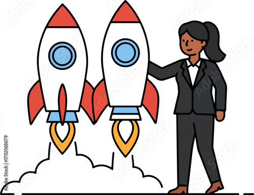 Flat Illustration of Female Entrepreneur Launching Rocket Startup Business