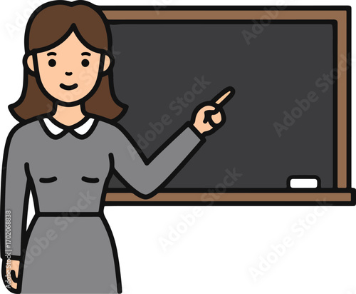 Cartoon Woman Teacher Pointing at Blackboard in Classroom Illustration