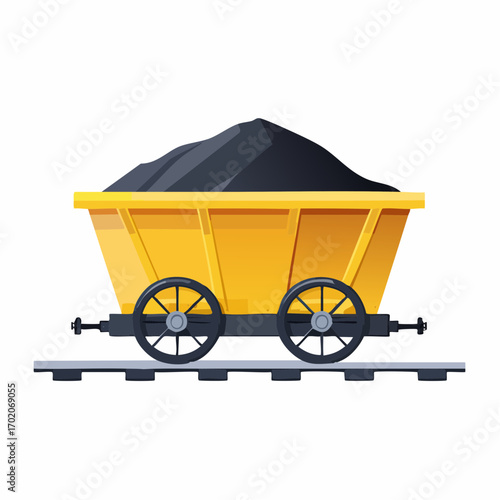 Yellow mining cart loaded with black coal on railway tracks industrial illustration
