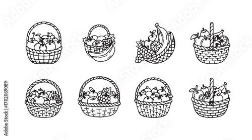 Collection of eight charming hand drawn easter basket silhouettes filled with easter eggs and flowers silhouette