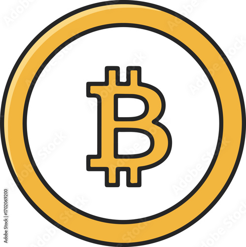 Flat Line Art Bitcoin Coin Illustration with Golden Circle Border