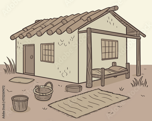 Village room inside vector, poor mud house room interior cartoon background illustrations