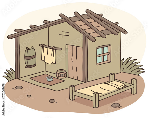 Village room inside vector, poor mud house room interior cartoon background illustrations