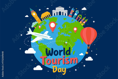 Travel around the world vector illustration, happy tourism day celebration design, airplane and globe concept, global holiday journey theme art