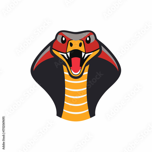 Stylized Cobra Snake Head with Open Mouth and Yellow Stripes