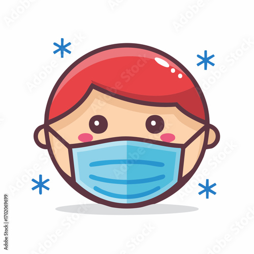 Cartoon boy wearing a protective face mask surrounded by blue snowflakes during winter