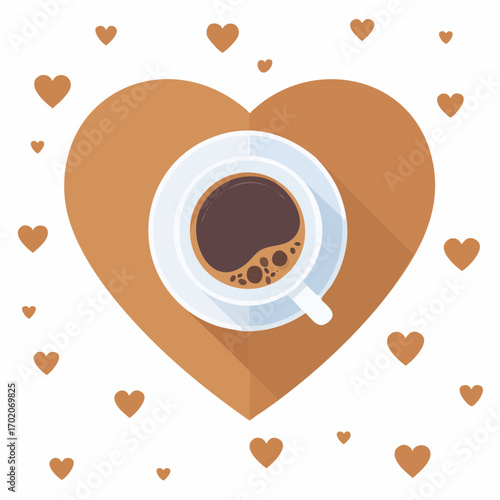 Warm cup of coffee with heart symbol and scattered hearts