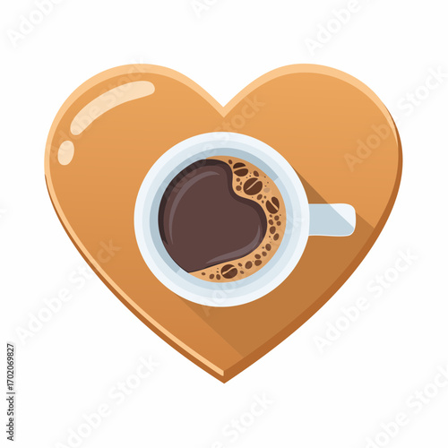Top view illustration of a coffee cup with heart shaped liquid and beans on a large heart board