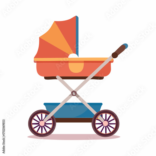 Illustrated baby stroller with an orange canopy and blue base, side view