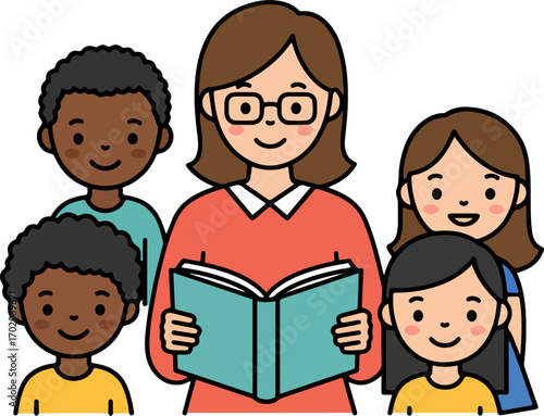 Cartoon Style Diverse Students Listening Teacher Reading Story Book Illustration