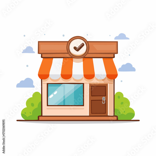 Modern Cartoon Storefront Illustration with Striped Awning and Verification Checkmark