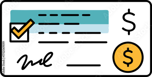 Minimalist Outline Check Mark on Paper Cheque Financial Transaction Illustration