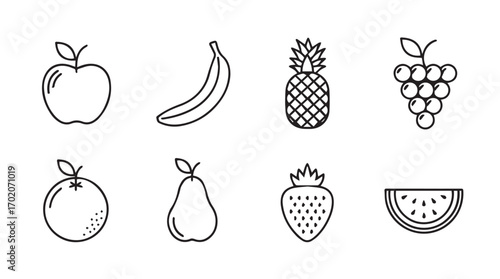 Collection of hand drawn fruit icons in a simple black and white silhouette style