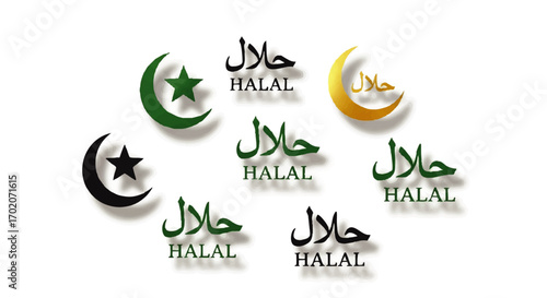 A diverse collection of Halal certification logos and symbols, featuring Arabic script and Islamic crescents.
