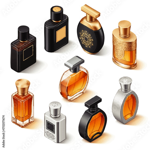 A diverse collection of illustrated isometric perfume bottles in various elegant shapes and colors.