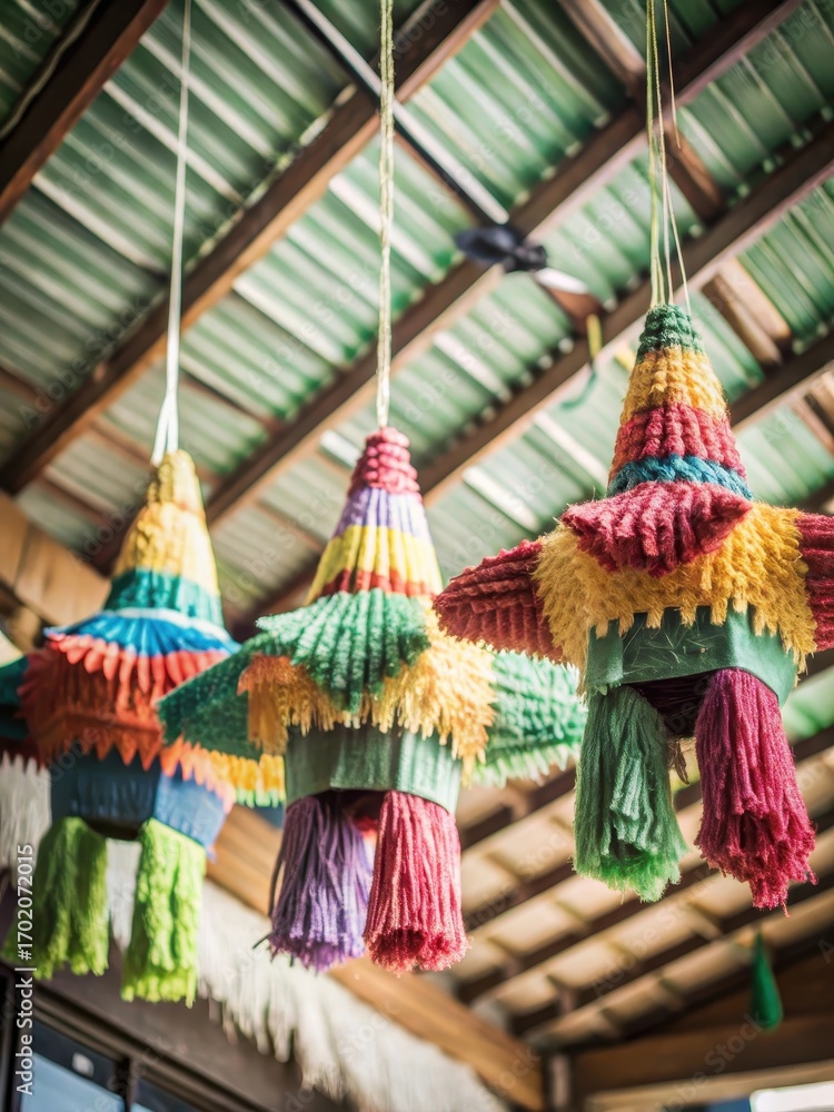 Fototapeta premium Colorful pi?atas hanging from a vibrant ceiling