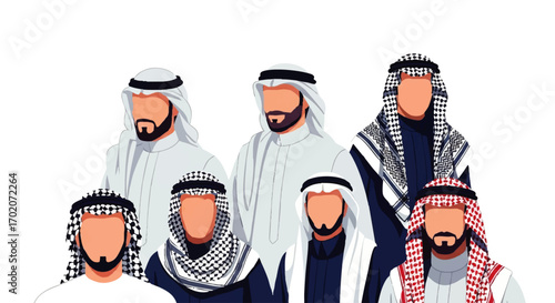 A diverse group of faceless Arab men wearing traditional thobes, ghutras, and keffiyehs.
