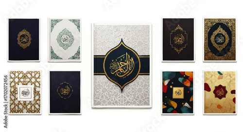 A diverse set of ornate Quran book covers with elegant Arabic calligraphy and Islamic patterns.