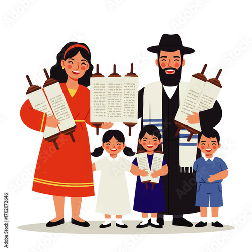 Happy Jewish Family Celebrating with Torah Scrolls.