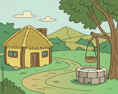 2D Cartoon Village Background – Thatched-Roof Huts, Circular Stone Well, Lush Green Trees, Gentle Hills, and Clear Sky – Vibrant Countryside Scene for ... See More