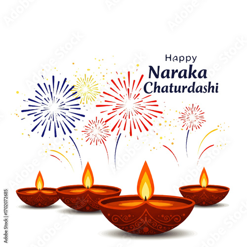 Happy Naraka Chaturdashi Festival with Diyas and Fireworks.