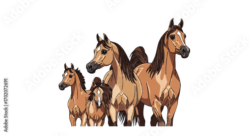 A Family of Elegant Arabian Horses Standing Together
