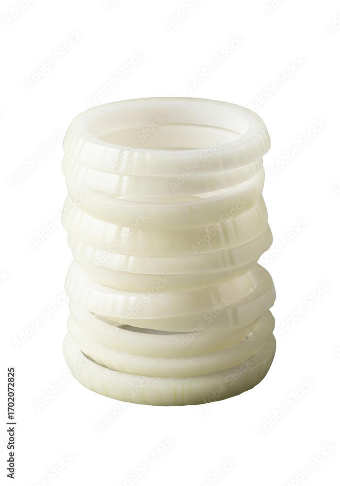 Obraz premium Perfectly stacked translucent raw onion rings with crisp edges, isolated on a clean transparent studio background. Ultra-realistic product photography for culinary perfection