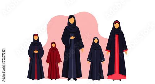 A group of five Muslim women and girls of different ages wearing traditional abayas and hijabs.