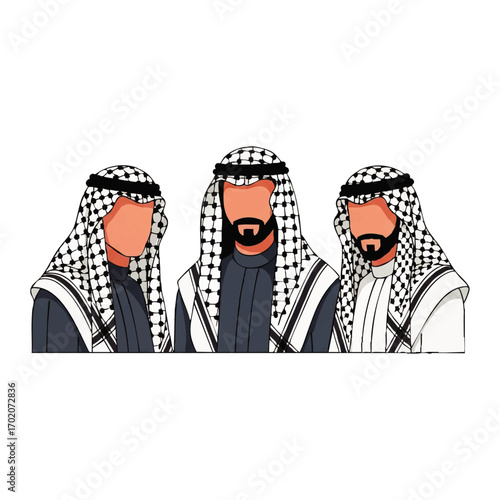 A group of three faceless Arab men in traditional keffiyeh headwear and thobe attire.