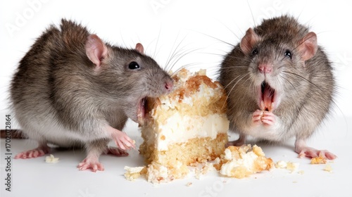 Two curious rats excitedly munch on a piece of cream-filled cake, showcasing their playful nature and love for food in a light-hearted moment captured beautifully.