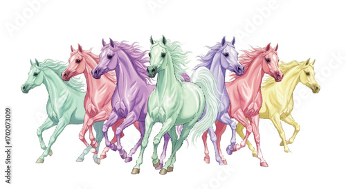 A Herd of Fantastical Pastel Horses Galloping Together