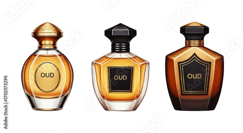 A luxurious collection of three Oud perfume bottles in elegant glass and metallic designs with ornate gold and black caps.