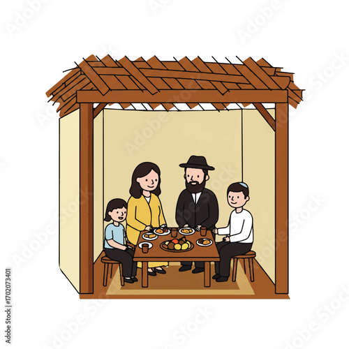 Jewish Family Celebrating Sukkot Holiday in Sukkah.