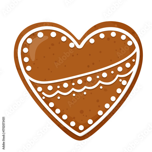 A decorated gingerbread cookie in the shape of a heart on a white background.