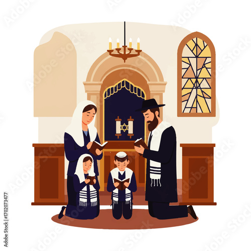 Jewish Family Praying Together in a Synagogue.