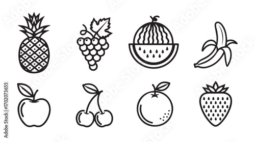 Collection of eight different fruit icons in a simple black and white silhouette style