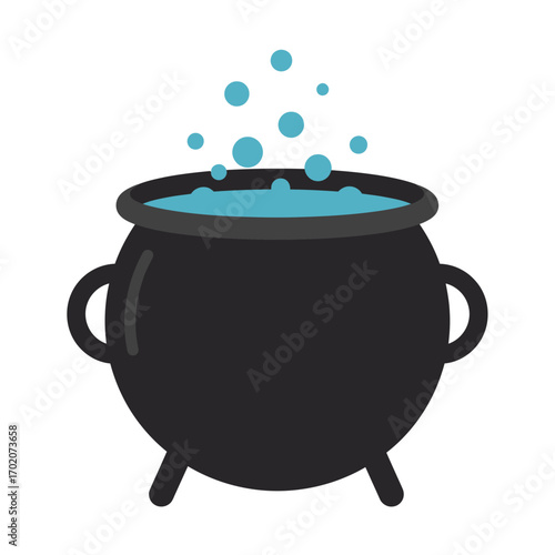 A black cauldron with blue potion bubbles.