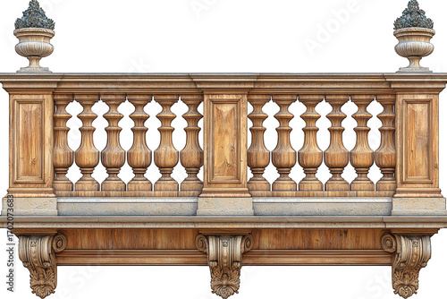 Ornate wood balcony with carved balusters & stone base against black background