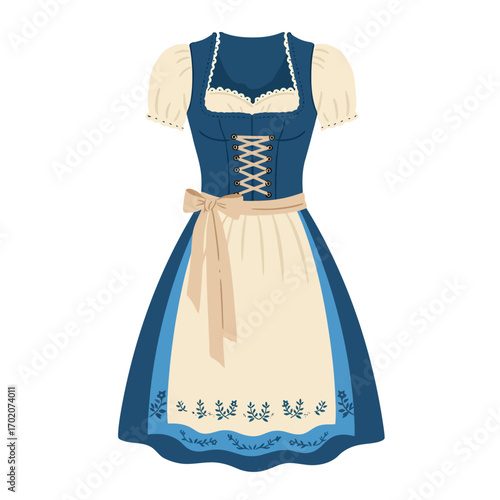 A blue and white dress with an apron.