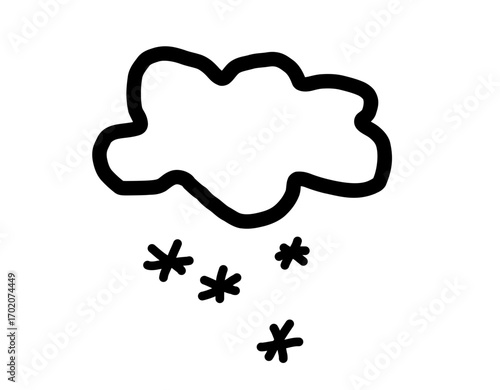 Hand drawn doodle cloud with snowflakes, naive kids style drawing, vector SVG
