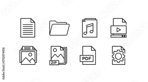 Collection of simple line art icons representing different file types and documents silhouette