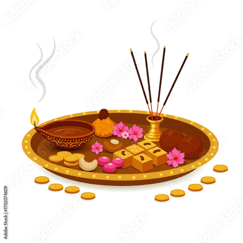 Traditional Indian Puja Thali with Offerings for Religious Ceremony.