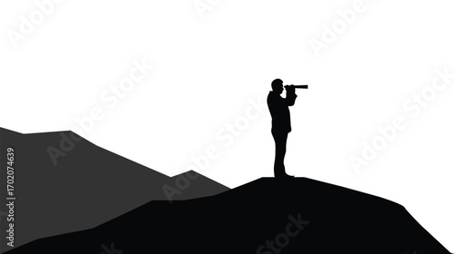 Business Man Looking through Spyglass on Mountain Top Isolated on White. People and activities, watching over business possibilities vector art