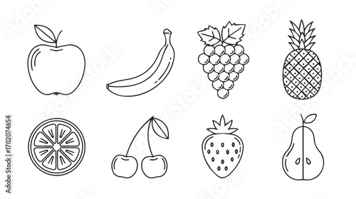 Collection of hand drawn fruit silhouettes including apple banana grapes pineapple citrus strawberry and pear