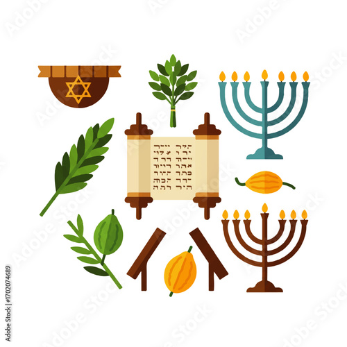 Traditional Jewish Religious Symbols and Holiday Elements.