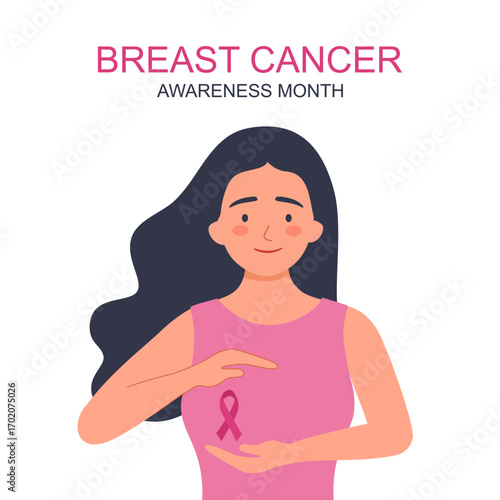 Breast cancer awareness month poster vector illustration. Woman self check breast cancer and awareness pink ribbon.