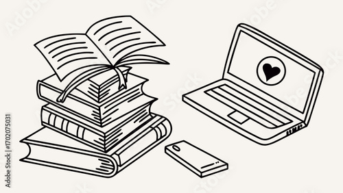 "Hand-drawn thin line laptop with tiny heart on screen. Minimal doodle vector for cozy lifestyle stickers, digital planners, social media, online love and work from home icons."