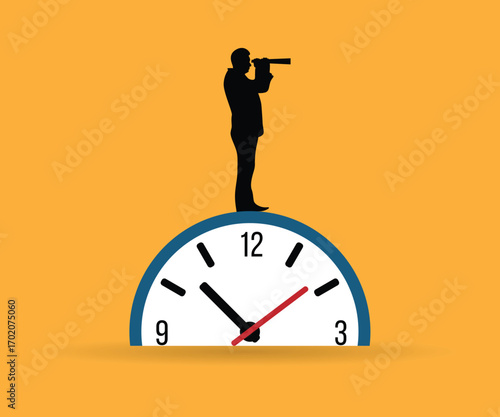 Business Man Silhouette Watching through Spyglass on Clock. People and activities, watching over business possibilities vector art