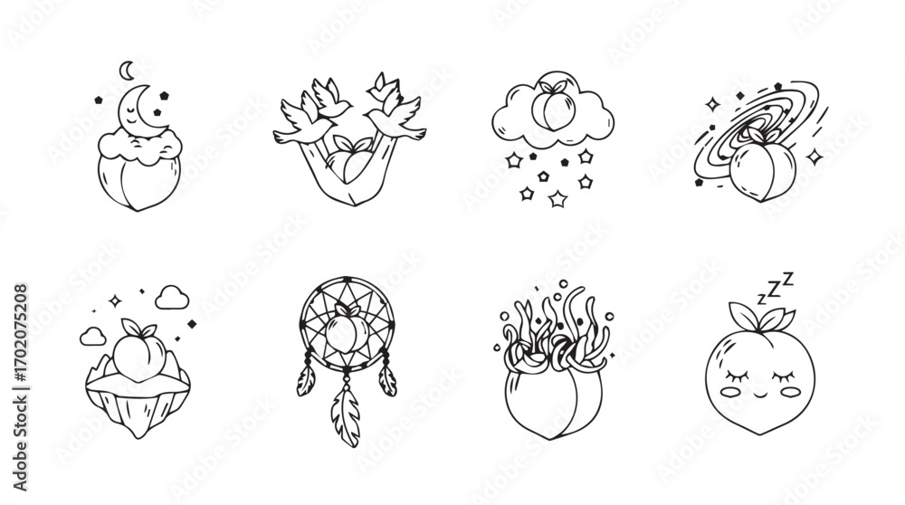Collection of eight unique hand drawn decorative elements in a distinctive silhouette style