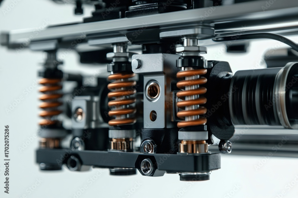Naklejka premium Close up of an electronic device featuring copper springs, screws, and other components, showcasing precision engineering and smooth operation